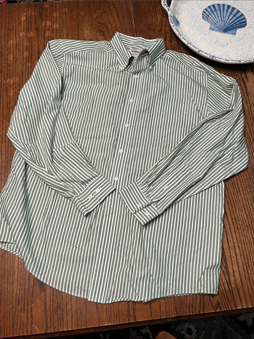 NWOT L.L.Bean Light Green and White Striped Button-Down Shirt